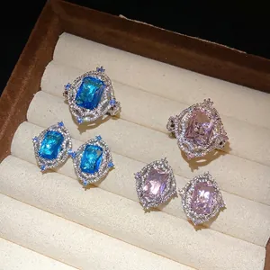 Vintage Palace Style Square Zirconia Copper Open Ring Adjustable High End Women Fashion Jewelry Elegant Stud Earrings