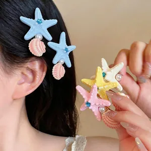 Sweet Fresh Starfish Artificial Pearl Rhinestone Hair Clip Women Beach Vacation Style Shell Duckbill Clip Fashion Hair Accessory