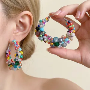 Handmade Colorful Glass Bead Hoop Earrings With 925 Sterling Silver Earring Post Dopamine Irregular Round Beaded Earrings For Women Niche Design Bohemian Jewelry