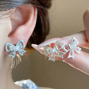 Hollow Bowknot Artificial Pearl Stud Earrings For Women 925 Sterling Silver Post Sweet Korean Style Luxury Jewelry Gift