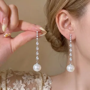 Luxury Copper Zirconia Water Drop Tassel Ear Clip For Women Elegant Artificial Pearl Dangle Earrings Without Piercing