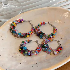 Colorful handmade glass beaded hoop earrings with S925 silver pins in dopamine style