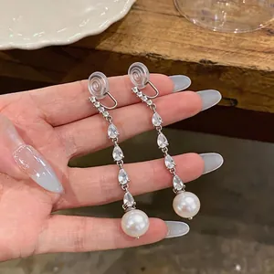 Elegant zircon teardrop tassel ear clips with pearls for non-pierced ears, silver finish