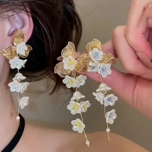 French Elegant Floral Tassel Drop Earrings With 925 Sterling Silver Earring Post Copper Artificial Pearl Glass Earrings Women Jewelry