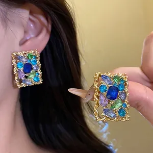 Orecchini a Bottone Quadrati in Stile Palazzo Vintage Con Perno in Argento Lega Intarsiato di Strass Gioielli di Lusso Geometrici da Donna