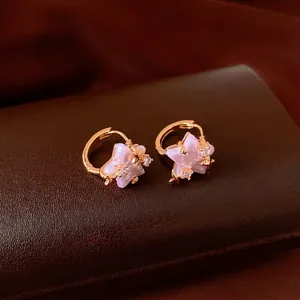 Pink Star Artificial Pearl Zirconia Hoop Earrings For Women Sweet Romantic Gold Plated Copper Luxury Jewelry