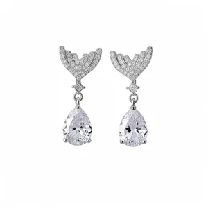 Exquisite silver-tone fishtail water drop earrings with sparkling cubic zirconia inlay