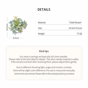 Detailed specifications for the cloth flower hair clip showing dimensions and material information