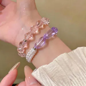 Bracciale di Perle Artificiali Multistrato Rotondo Irregolare Lusso Nicchia Viola Rosa Perline di Cristallo Acrilico Gioielli da Donna