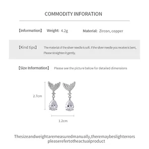 Elegant silver needle earrings with zircon fishtail and teardrop dangle charms, 2.7cm high