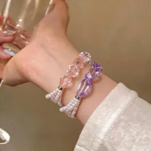 Elegante bracciale di perle multistrato con perle di cristallo viola e rosa