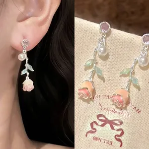 Sweet Rose Drip Oil Zirconia Stud Earrings With Silver Earring Post Luxurious Pink Artificial Pearl Flower Earrings Jewelry For Women