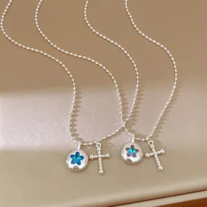 Luxury Alloy Rhinestone Round Star Cross Pendant Necklace For Women Fashion Silver Plated Clavicle Chain Daily Jewelry Gift