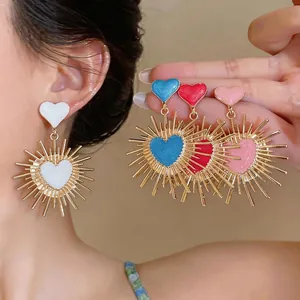 Orecchini a Bottone Vintage in Smalto a Cuore Con Perno in Argento Sterling 925 Oro Raggi di Sole Gioielli Lusso Leggero Donna