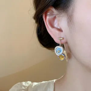 Elegant 18k gold plated enamel stud earrings with artistic drip oil flower design for women