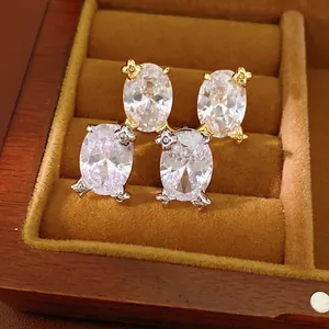 18K Vergoldetes Kupfer Oval Zirkonia Ohrstecker Mit 925 Sterling Silber Stift Minimalistisches Leichtes Luxus Schmuck Für Damen