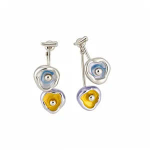 Artistic 18K gold plated asymmetric earrings with colorful enamel drip oil and silver needles