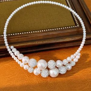 Elegante choker di perle vintage francese con perle di cristallo strass scintillanti