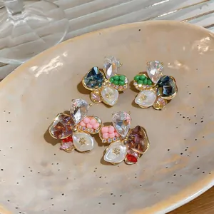 Squisiti orecchini a fiore con strass colorati, stile coreano ins con perle eleganti