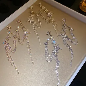 Elegant vintage star flower tassel drop earrings with sparkling rhinestones for women