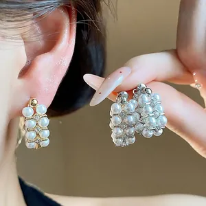 French Vintage 925 Sterling Silver Post Artificial Pearl Zirconia Stud Earrings Elegant Gold Silver Women Jewelry