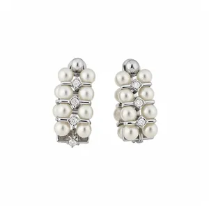 Elegant French retro silver needle earrings with white pearls and sparkling zircons