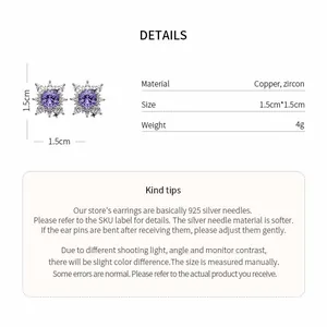 Specifications for silver flower stud earrings featuring purple zircon and copper material
