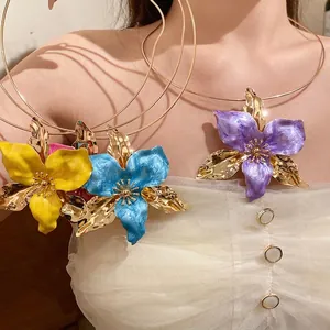 Vintage style enamel flower choker collar necklace for women in various colors