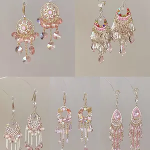 Vintage Ethnic Copper Butterfly Tassel Drop Earrings With Silver Post Gold Pink Rhinestone Waterdrop Floral Dangle Earrings For Women Jewelry Gift