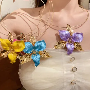 Vintage court style choker featuring large enamel flowers in yellow, blue and purple