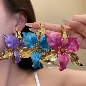 Vintage oversized enamel flower earrings in purple blue and pink floral jewelry detail
