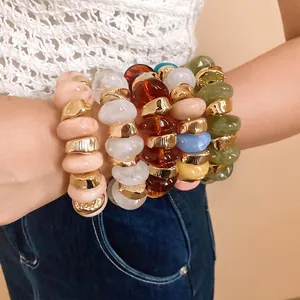 Sweet vintage marbled resin bracelet stack with irregular gold beads for women jewelry