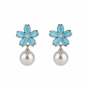 Elegant blue flower stud earrings with dangling round white pearls and zircon center