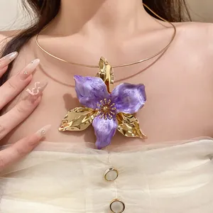 Vintage palace style collar necklace with a large purple enamel flower pendant detail