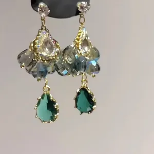 Elegant emerald green water-drop crystal tassel earrings with gold finish and S925 silver needles
