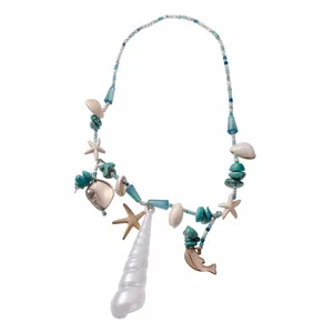 Exquisite beach style beaded necklace featuring white shell and turquoise starfish charms