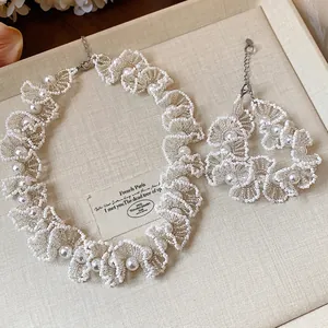 French style glass bead and pearl jewelry set with lace ruffle necklace and bracelet