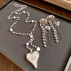 Minimalist silver heart pearl adjustable necklace and fringe earrings jewelry set