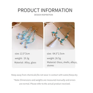 Handmade turquoise beaded necklace and earrings set with sea shells for beach vacation