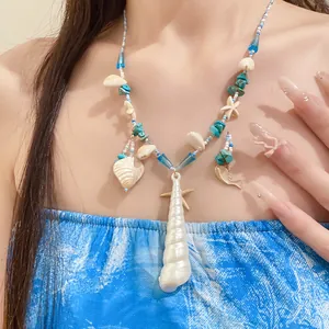 Close-up of a stylish blue starfish beaded necklace with shell pendants on a model neck.