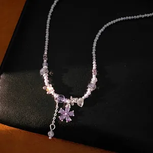 Elegant Glass Beaded Zirconia Flower Pendant Necklace For Women Resort Style Clavicle Chain Jewelry Accessory