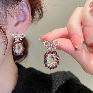 Elegant multi-color crystal bow drop earrings with s925 silver needle for women