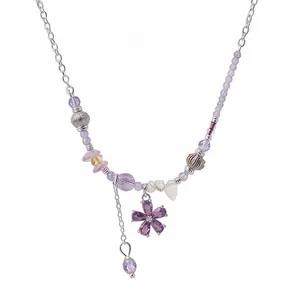 Elegant purple glass beaded necklace with a sparkling zircon flower pendant charm