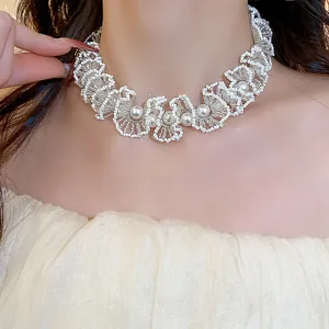 Close-up of pearl bead lace choker necklace on model's neck with elegant design
