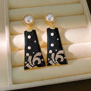 Vintage Black Dripping Enamel Drop Earrings For Women Artificial Pearl Rhinestone Inlaid Alloy Earrings Silver Earring Post Jewelry