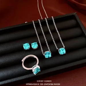 Modern Elegant Copper Zirconia Jewelry Set Light Blue Square Pendant Necklace Adjustable Ring Stud Earrings Bracelet For Women