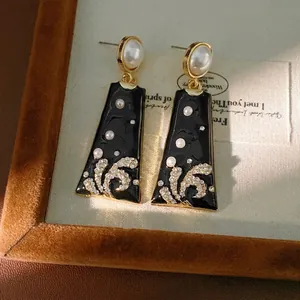Vintage black enamel trapezoid earrings with pearl and rhinestone inlay details for women