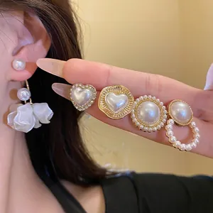 Alloy Artificial Pearl Rhinestone Earrings Set With Silver Post Heart Round Flower Stud Earrings For Women Jewelry