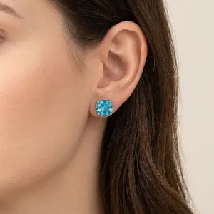 Elegant light blue square zircon stud earrings for women with silver-tone setting