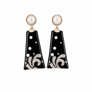 Vintage style black enamel drop earrings with pearls and shimmering crystal accents